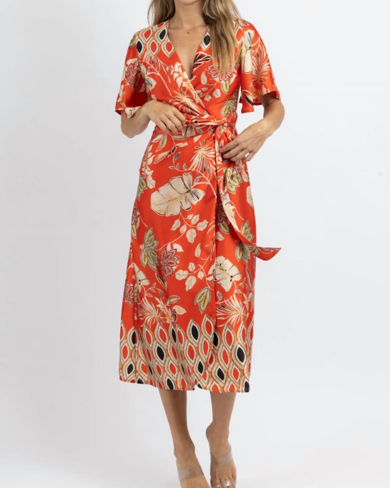 Front of a model wearing a size L Waikiki Wrapped Satin Midi Dress In Orange/Multi in Orange/Multi by DRESS FORUM. | dia_product_style_image_id:342455